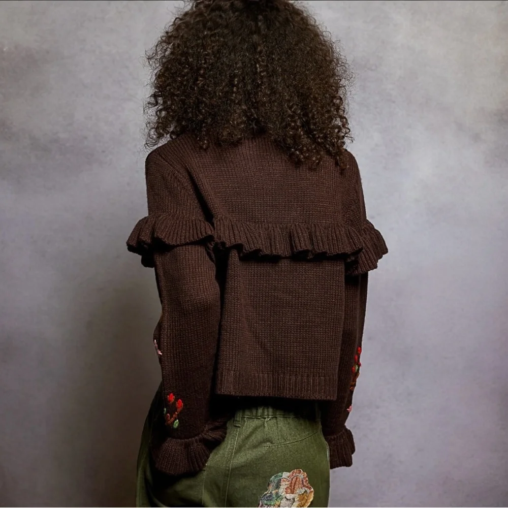 NWT POL Brown Floral Ruffle Sweater